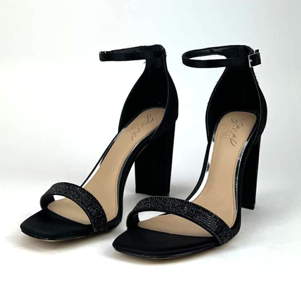 New Jewel Badgley Mischka Women Shoes Black Satin Block Heel Open Sandals US 8.5